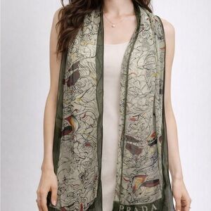 Prada Silk Scarf Made in Italy Sheer Green Graphic Print 29x66”